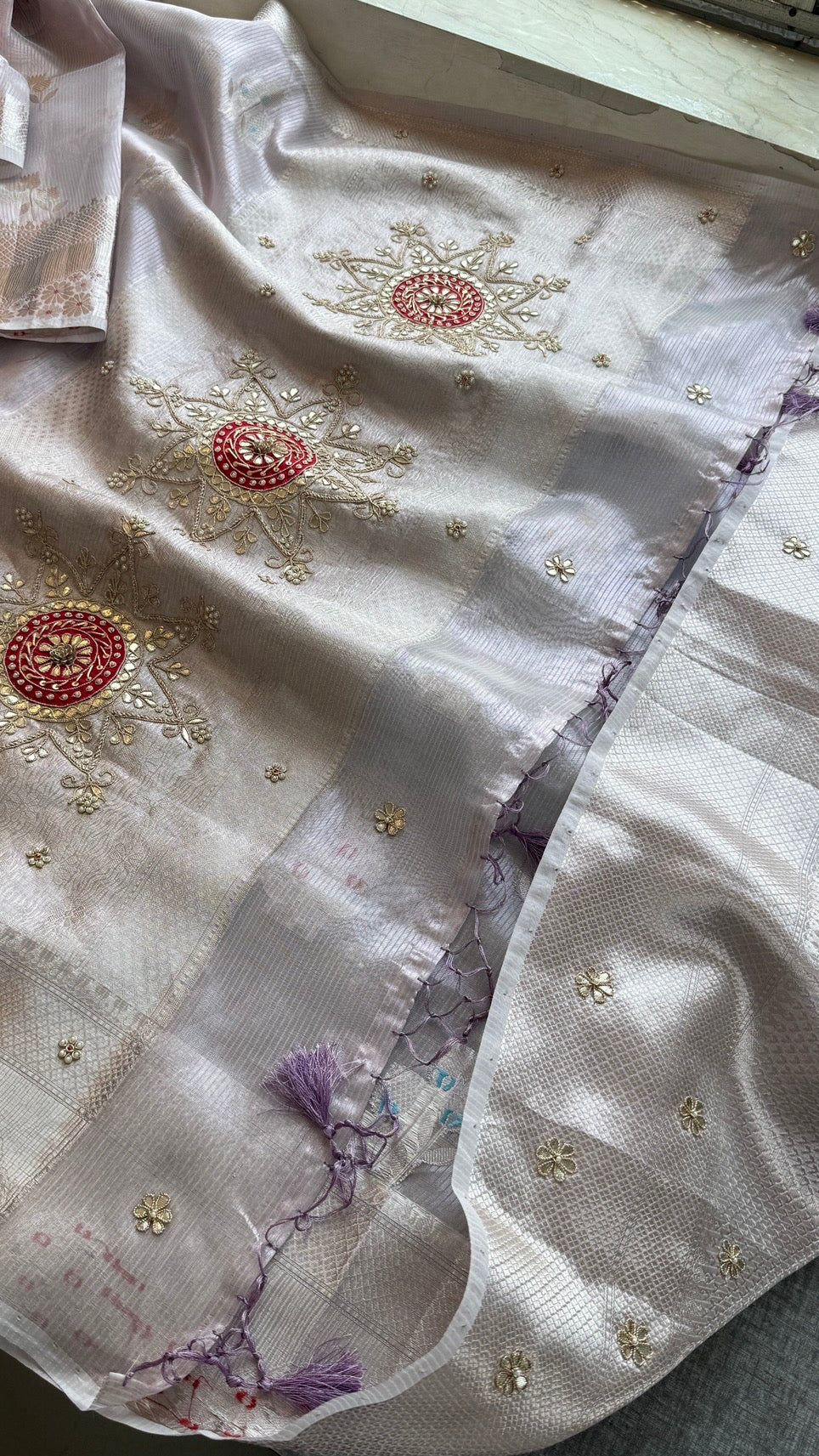 Pure Soft Tissue Silk Banarasi Weaving Saree with Heavy Zardozi & Gotapatti Work
