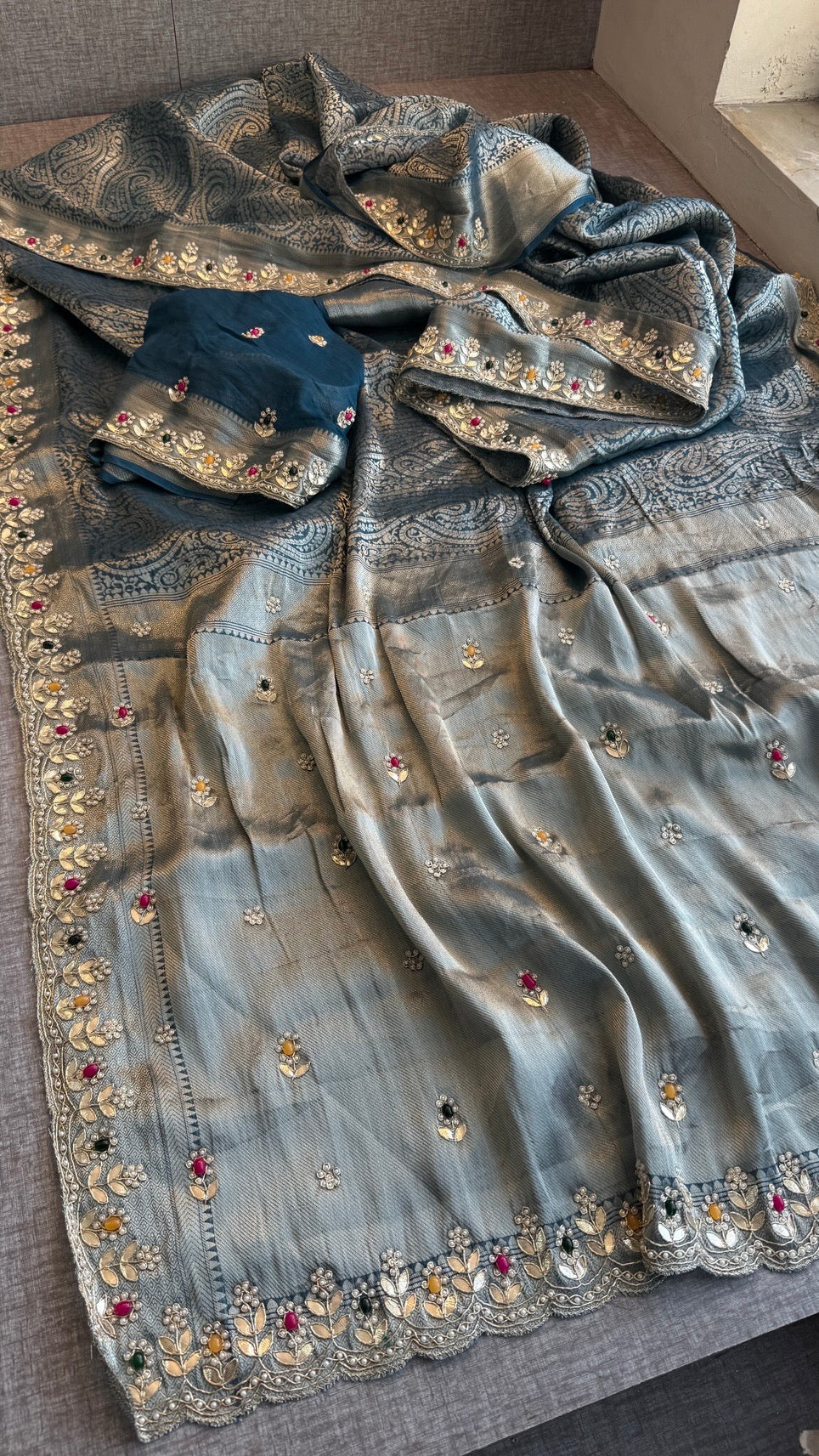 Royal Khaddi Georgette Banarasi Zari Weaving Saree with Gotapatti & Jewellery Stone Embellishment