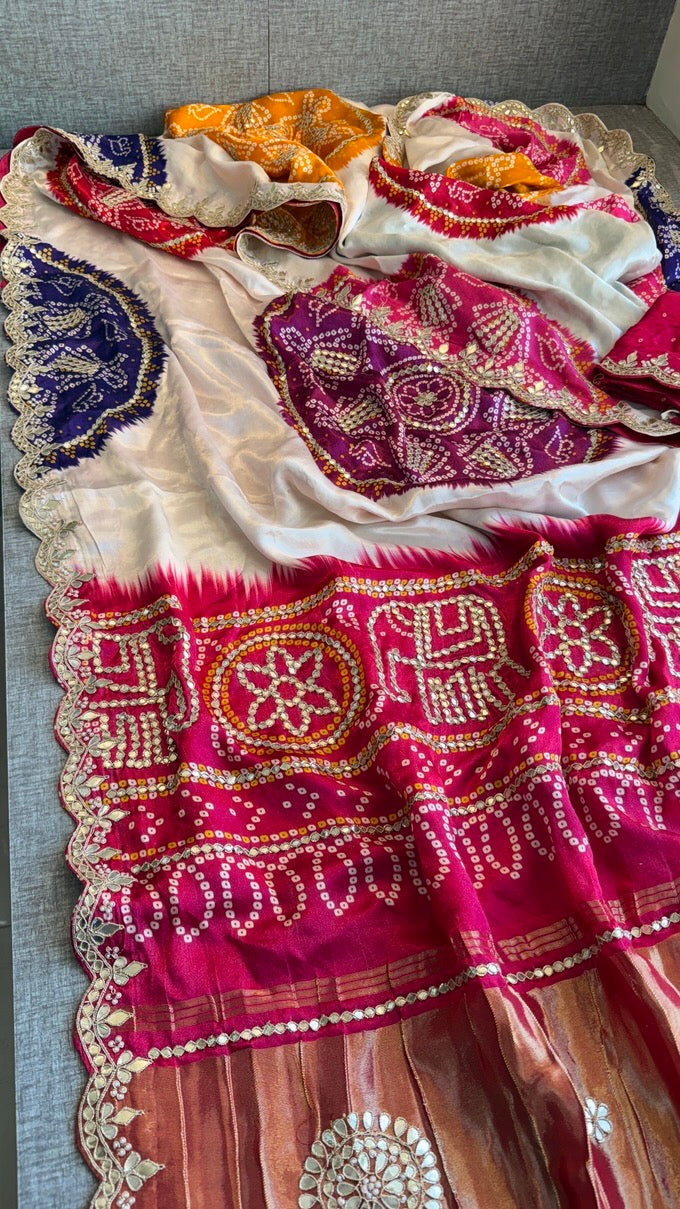 Elegant Gajji Silk Saree with Bandhani Prints & Handcrafted Embellishments