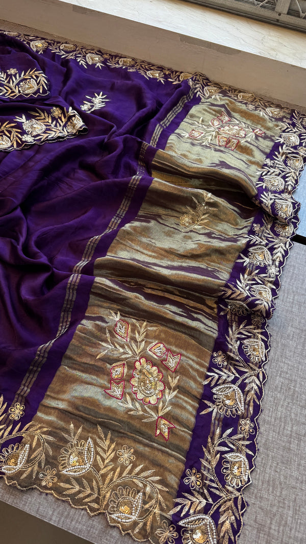 Designer Purple Pure Gajji Silk Saree with Aari, Cutdana, and Gota Patti Handwork with Blouse