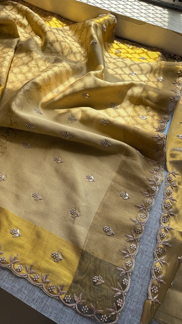 Pure Tissue Silk Banarasi Saree with Moti Work | Handloom Scallop Border Saree