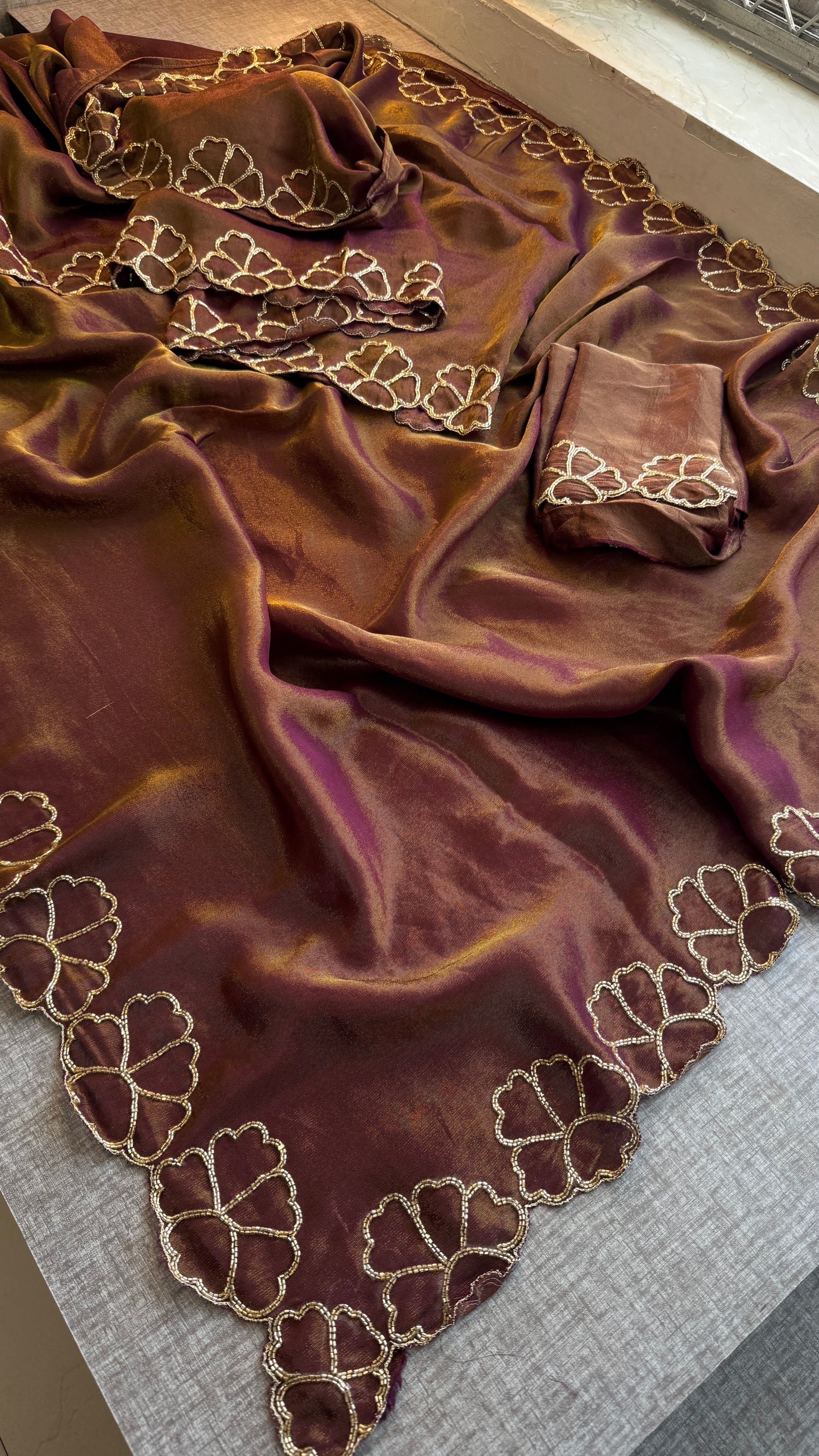 Pure Cosmo Silk Saree with Hand Kutdana Work & Designer Scallop Border – Luxury Party Wear Silk Saree