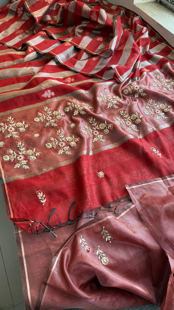 Pure Soft Silk Banarasi Weaving Saree with Zardozi Gotapatti & Pearl Sequins Pallu