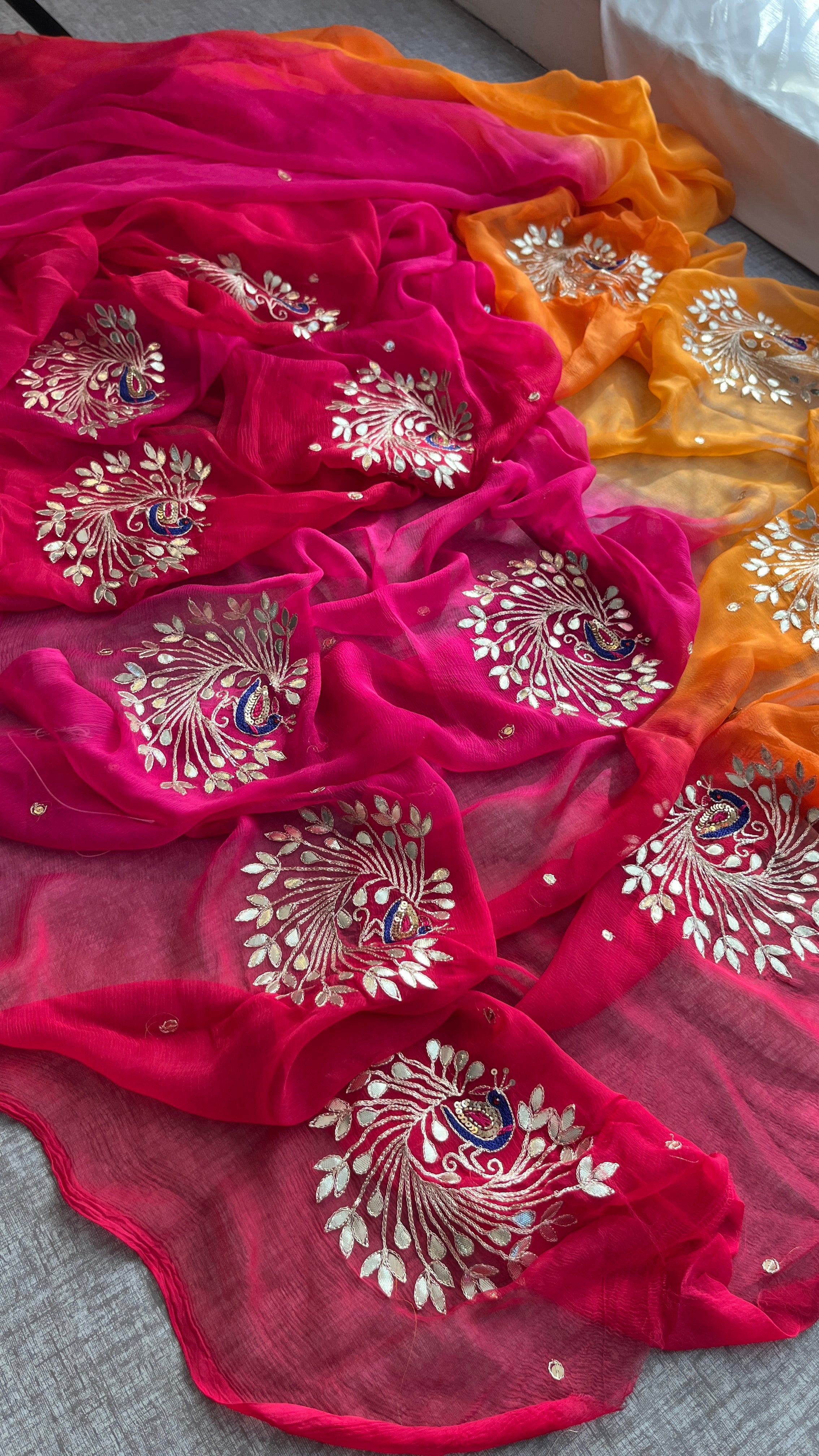 Pure Chiffon Peacock Embroidered Saree with Matching Blouse