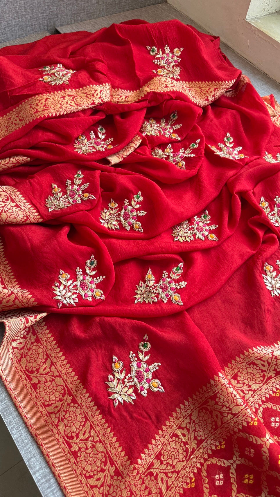 Beautiful Precious Stone Saree | Banarasi Zari Weaving Saree | Handcrafted Gota Patti & Zardozi Work | Bridal & Festive Designer Saree