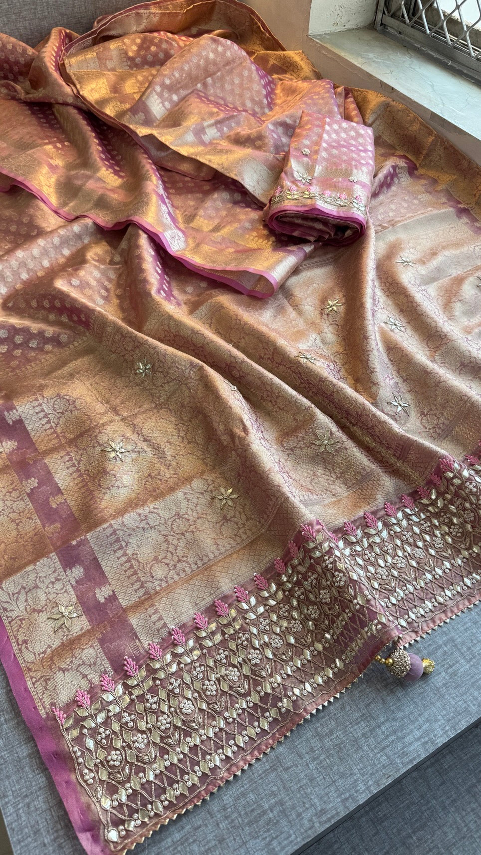 100% Soft Tissue Silk Banarasi Weaving Saree with Gotapatti, Zardozi, Pearl & Sequin Work