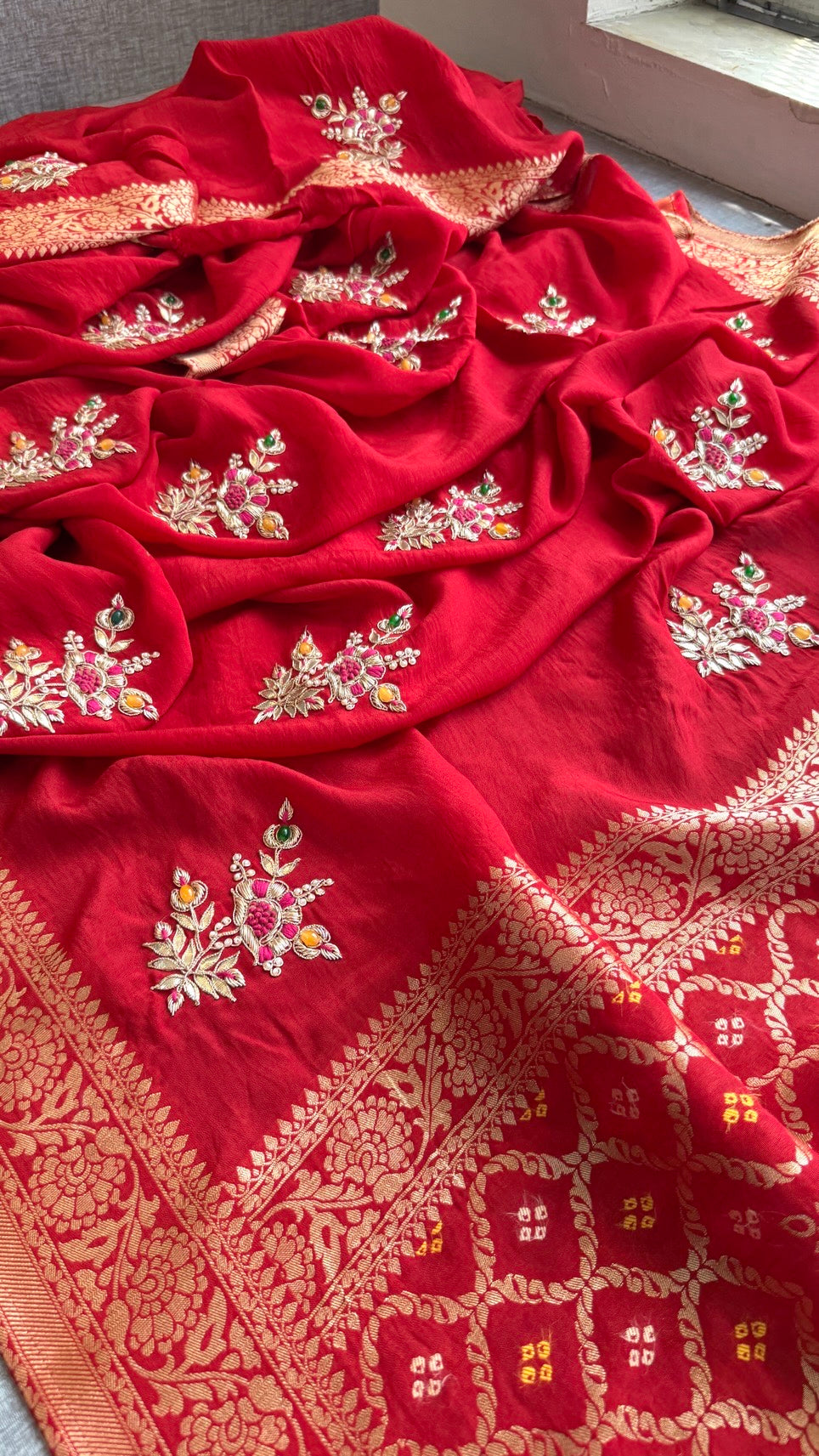 Beautiful Precious Stone Saree | Banarasi Zari Weaving Saree | Handcrafted Gota Patti & Zardozi Work | Bridal & Festive Designer Saree