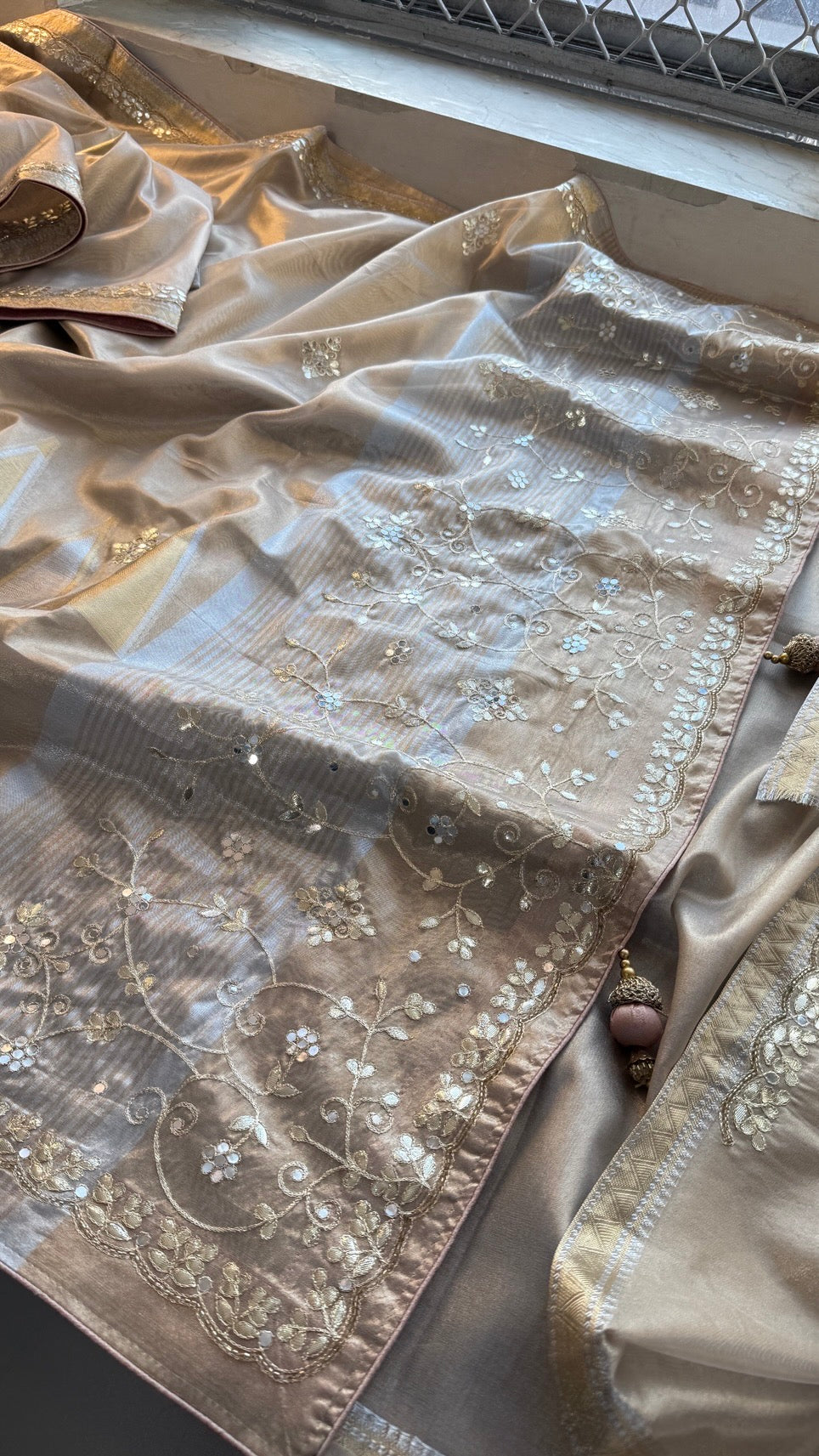 Pure Soft Tissue Silk Banarasi Weaving Saree with Gotapatti & Kutdana Handwork