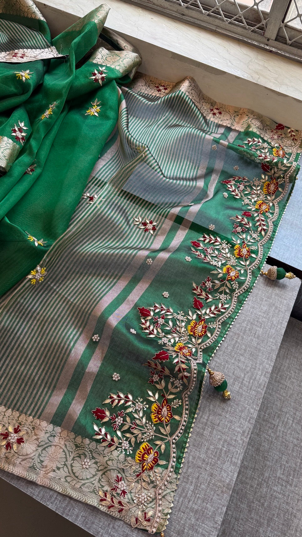 Luxury Tissue Silk Saree with Heavy Handwork Border & Designer Blouse