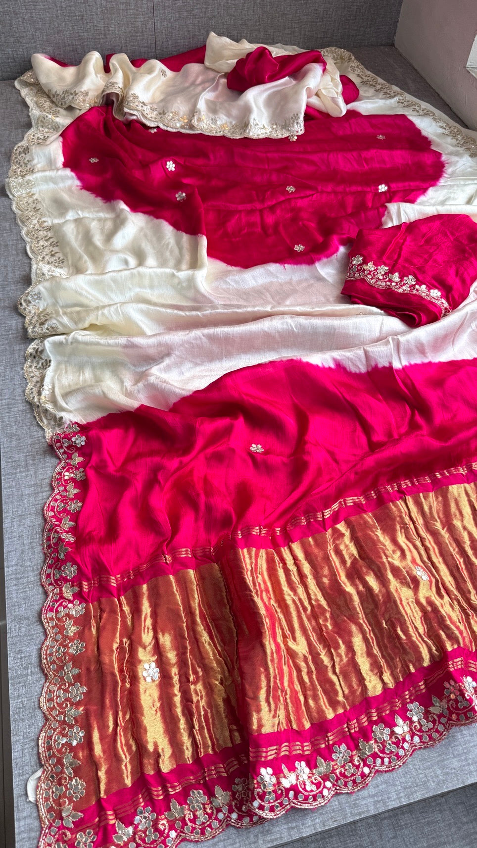 Handmade Off White and Pink Gajji Silk Saree with Gota Patti Work and Scalloped Border | Wedding & Festive Wear Indian Sari