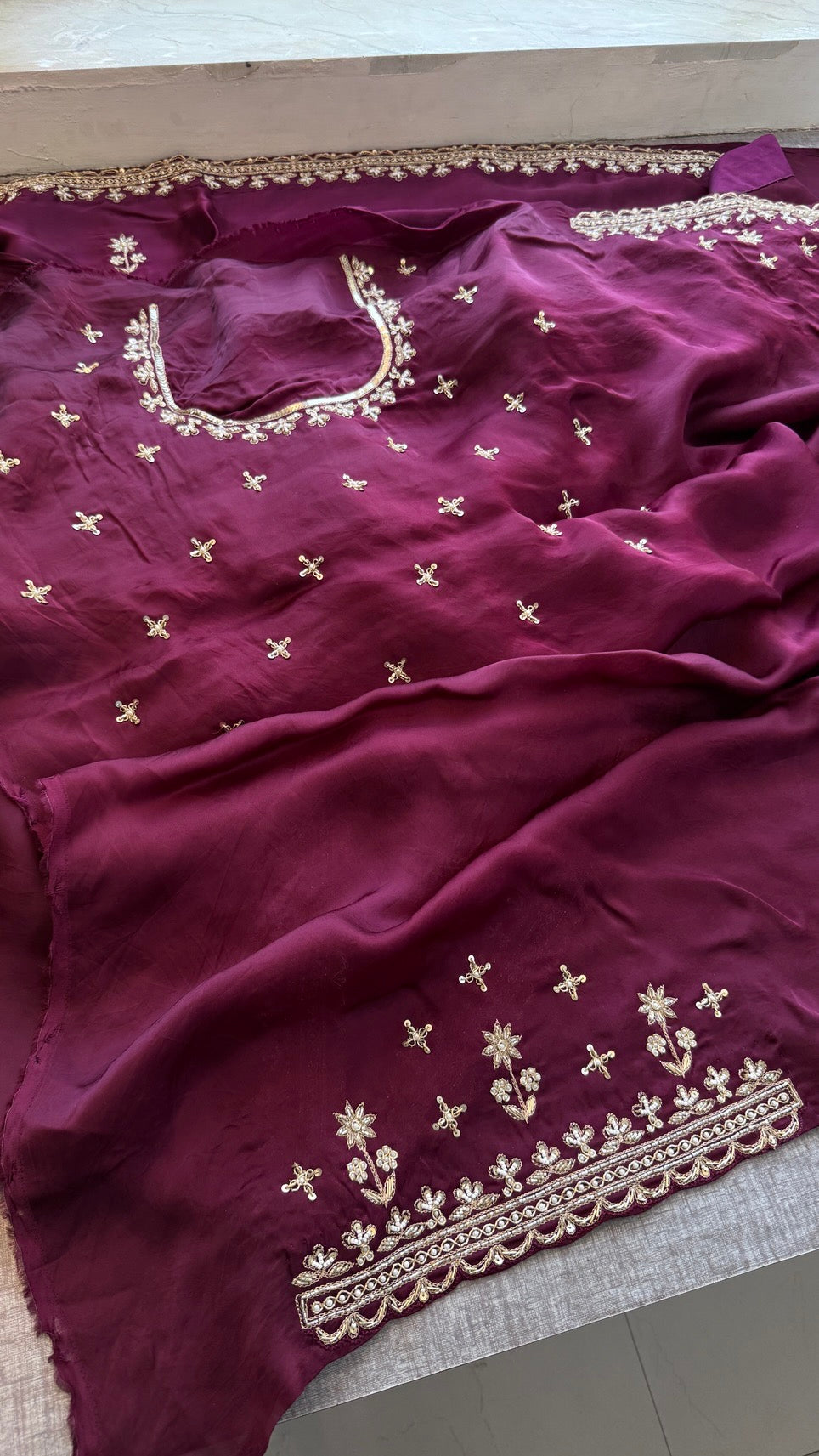 Bridal Pure Soft Organza Satin Saree with Zardozi, Sequins, Kutdana & Pearl Handwork