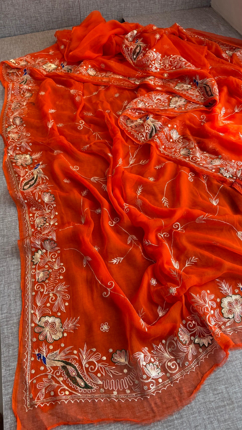 Handcrafted Chiffon Saree with Aari Pittan Peacock Work