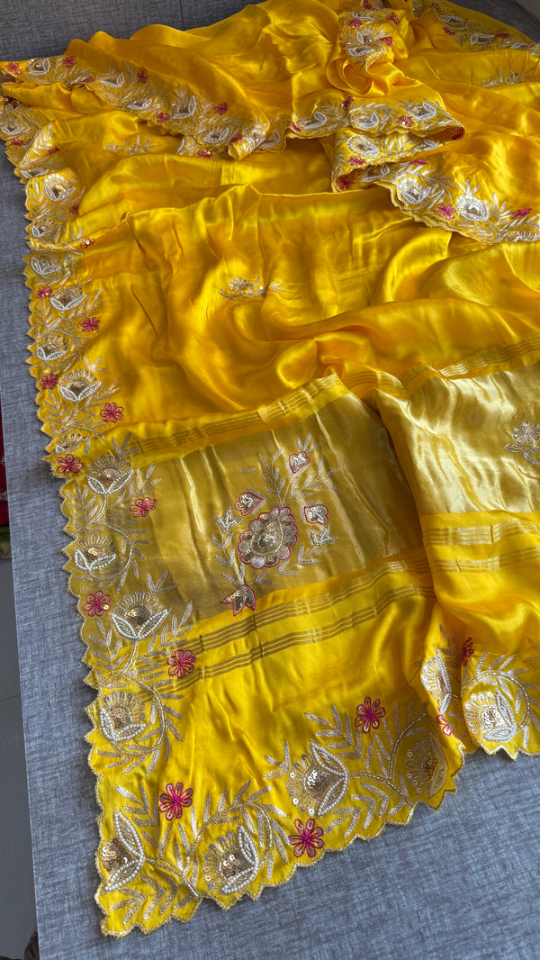Designer Yellow Pure Gajji Silk Saree with Aari, Cutdana, and Gota Patti Handwork with Blouse