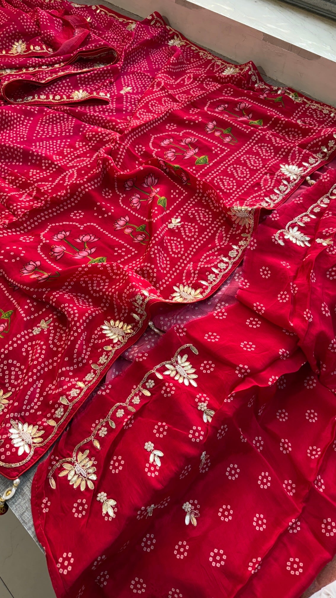 Exquisite Handcrafted Bandhani & Munga Silk Saree with Zardozi Work