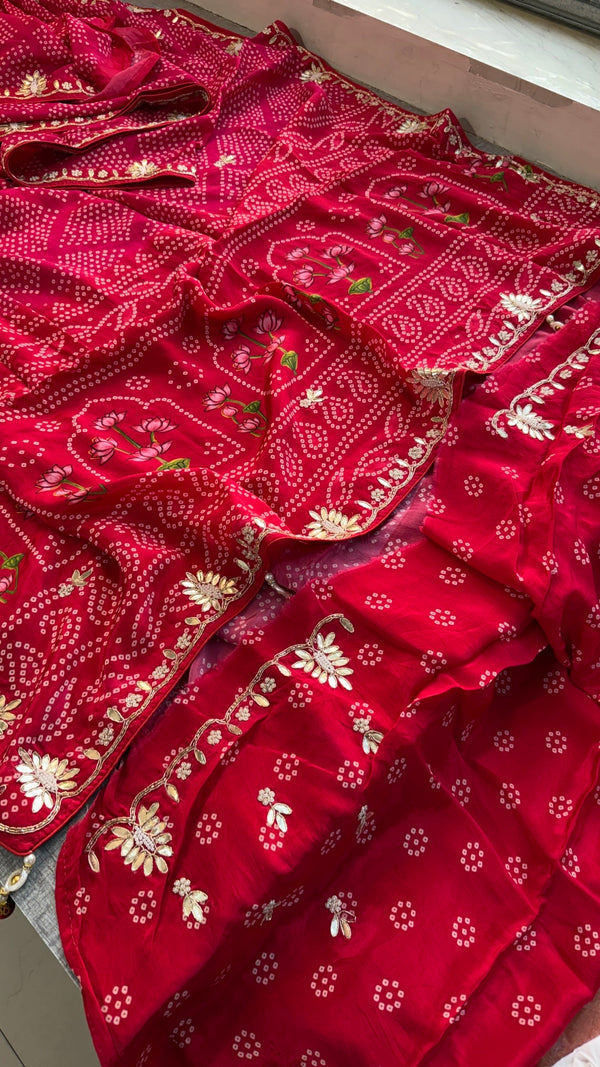 Exquisite Handcrafted Bandhani & Munga Silk Saree with Zardozi Work
