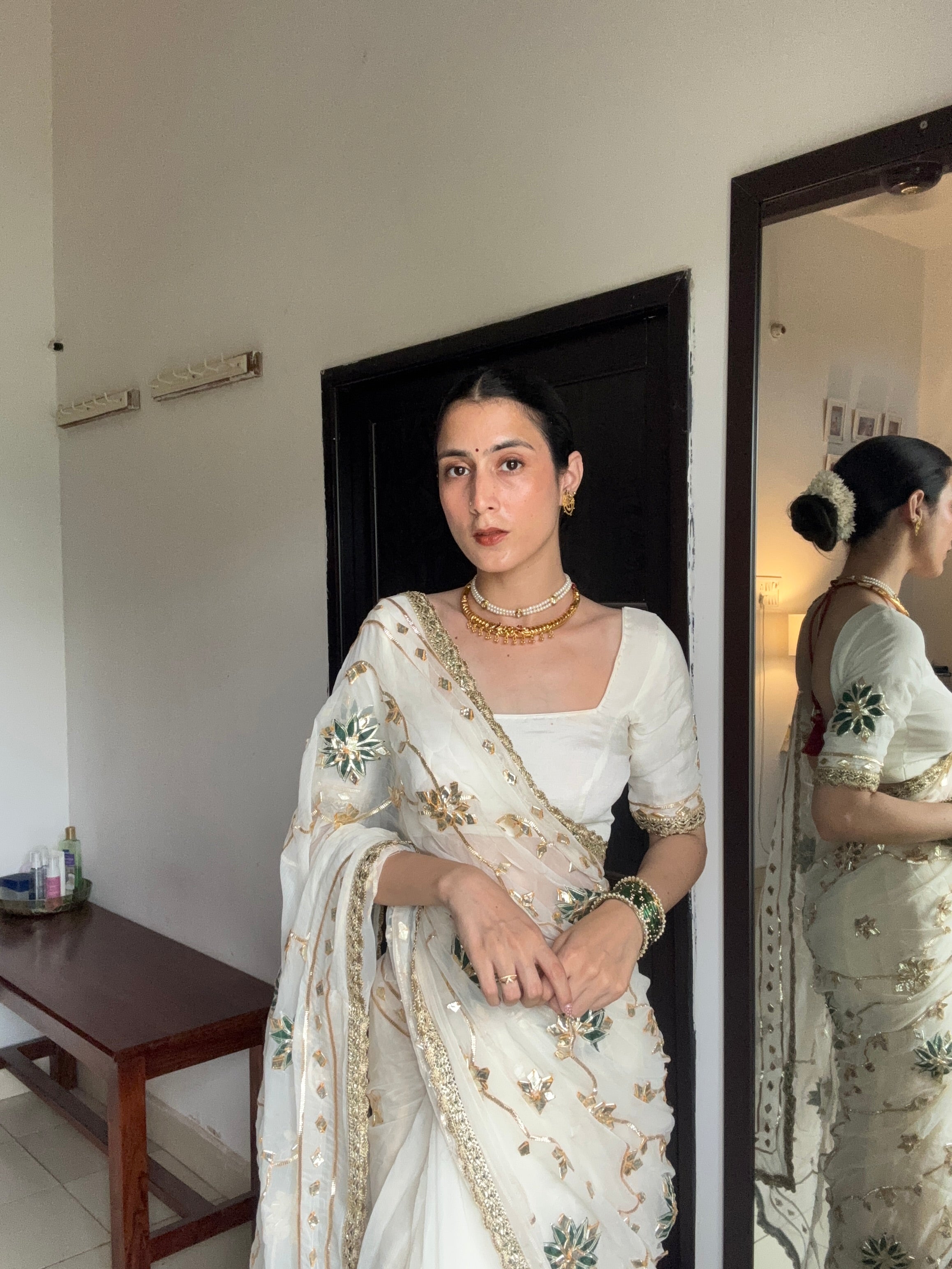 Pure chiffon offwhite Sikhiya jaal gotapatti Saree