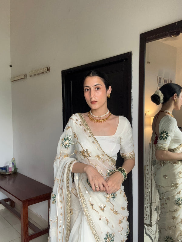 Pure chiffon offwhite Sikhiya jaal gotapatti Saree