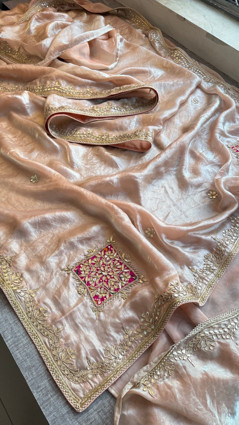 Pure Soft Crepe Silk Saree with Gota Patti, Zardozi, Pearl & Kutdana Handwork