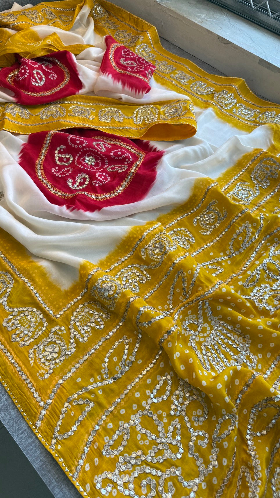 Pure Munga Silk Saree with Elephant Motifs & Gota Patti Work