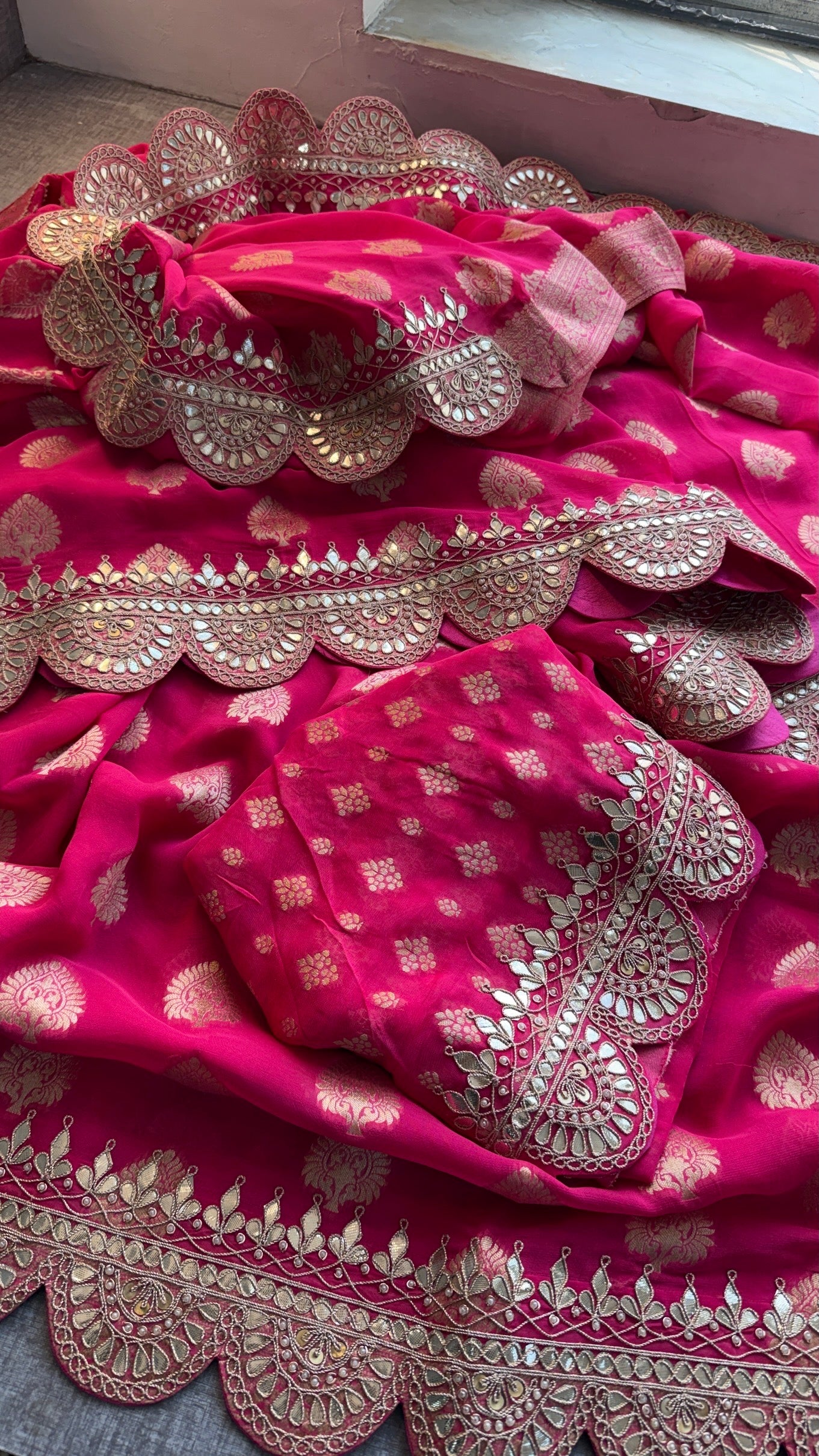 Royal Hot Pink Khaddi Georgette Banarasi Saree with Intricate Gotapatti, Zardozi & Pearl Scalloped Border
