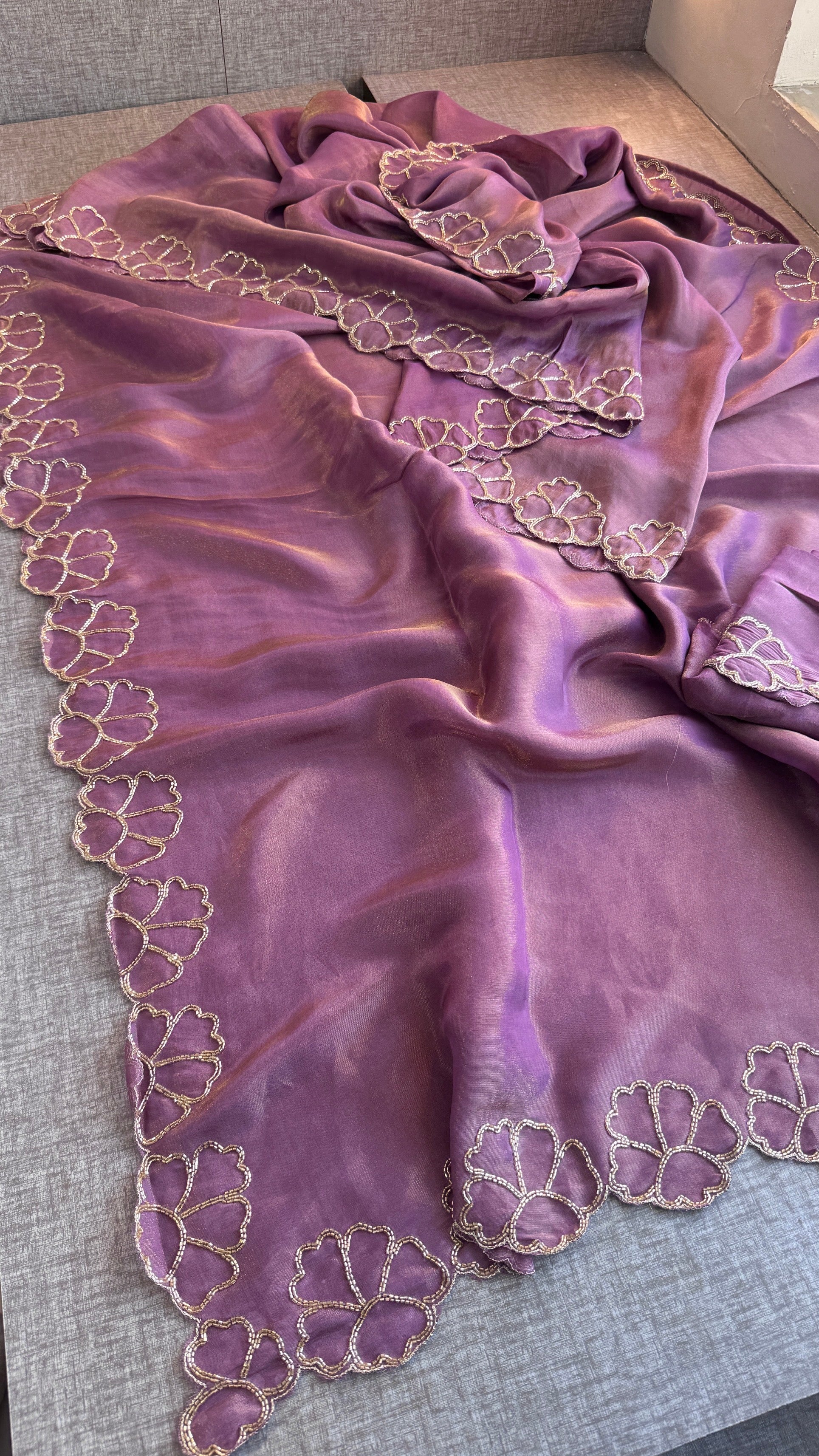 Pure Cosmo Silk Saree with Hand Kutdana Work & Designer Scallop Border – Luxury Party Wear Silk Saree