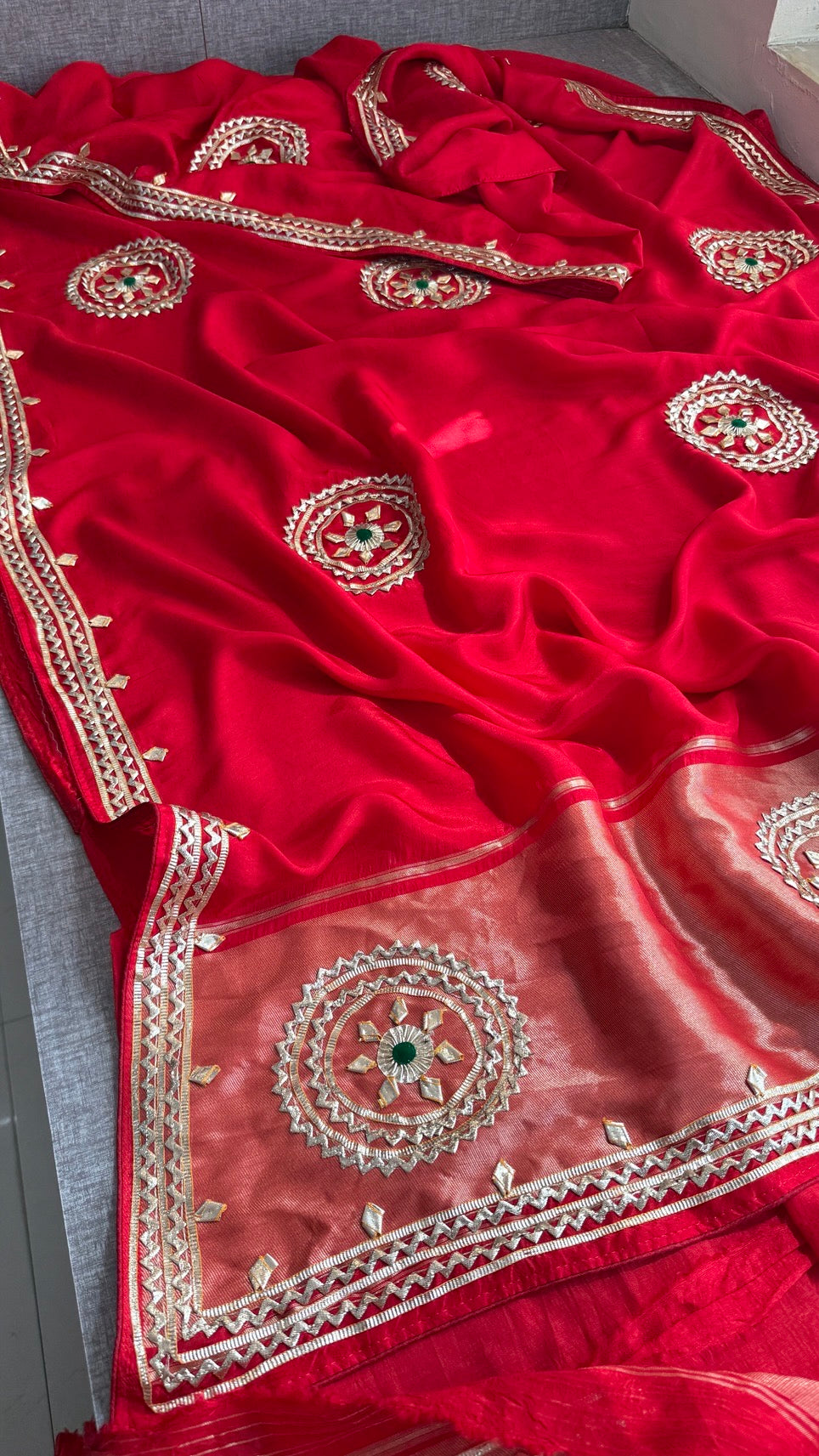 Sunshine Pure Munga Silk Rajwadi Pattern Rajasthani Jaipuri Saree with Sikhiya Gota Patti Work