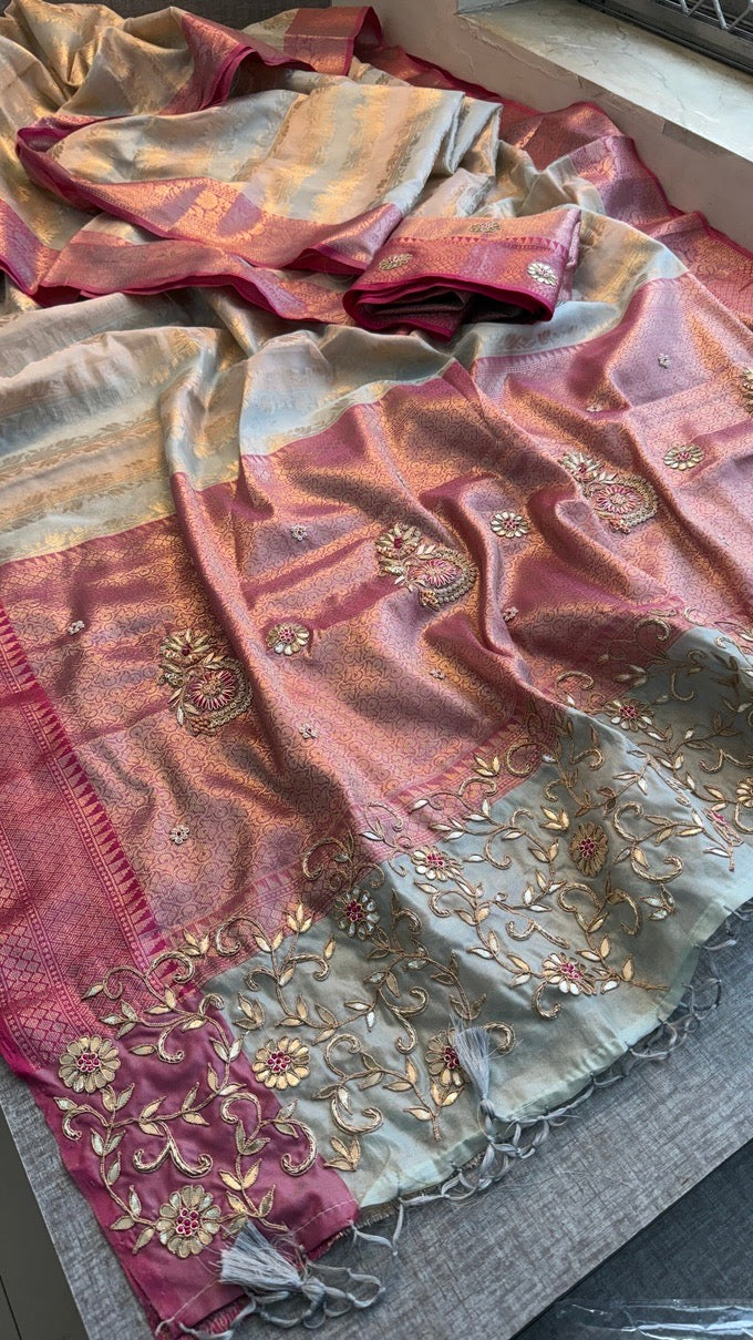 Pure Soft Tissue Silk Saree with Heavy Pallid Brocade & Banarasi Zari Border