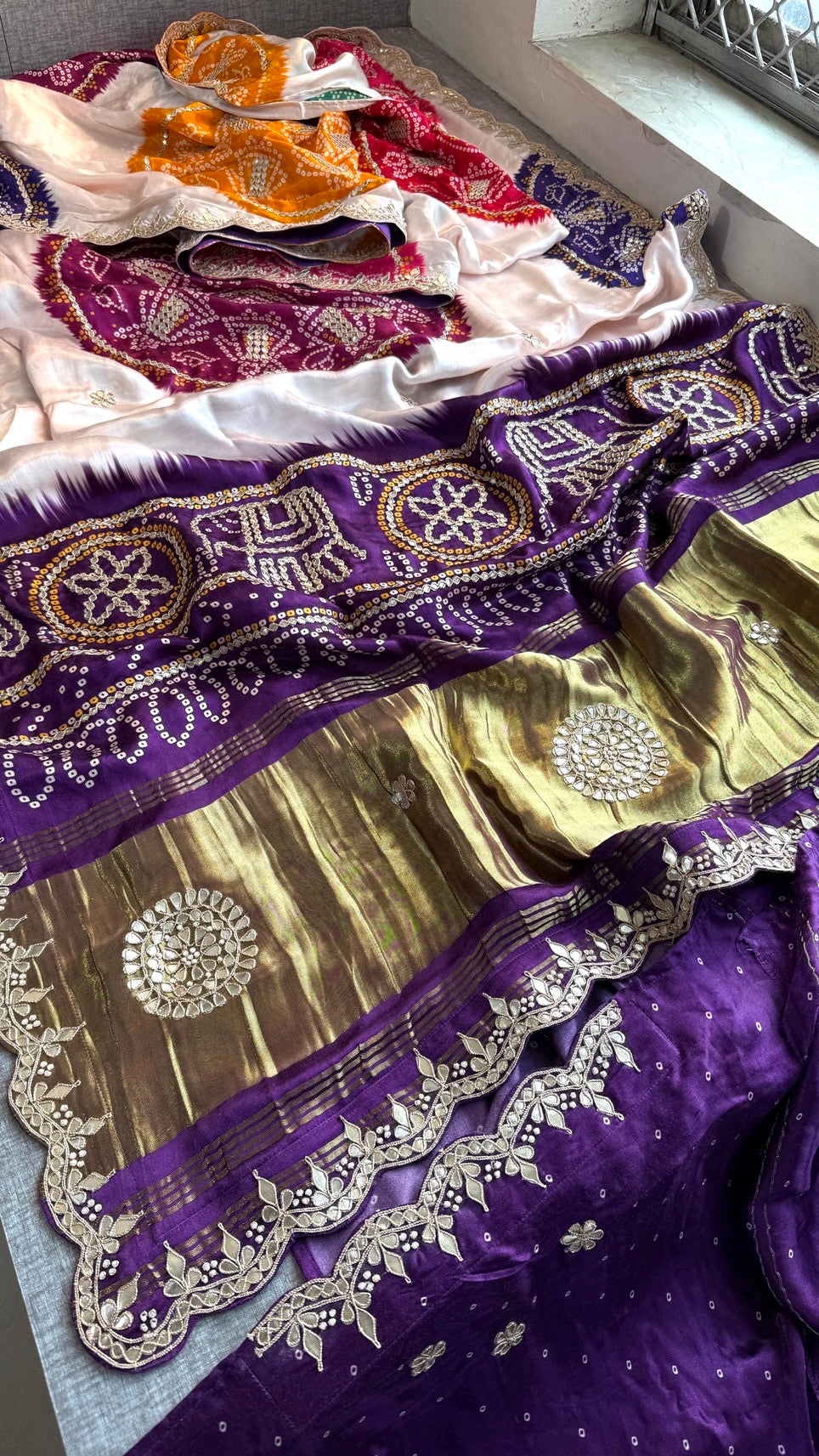 Elegant Gajji Silk Saree with Bandhani Prints & Handcrafted Embellishments