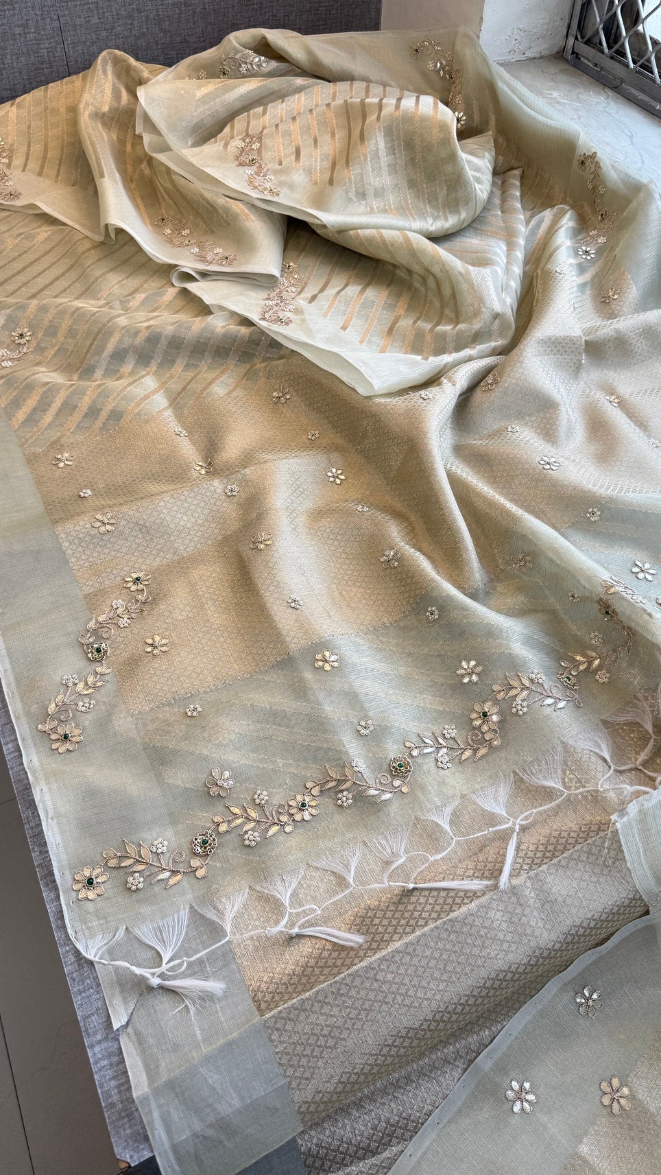Pure Tissue Silk Zari Weaving Saree with Handcrafted Gota Patti & Moti Work | Soft Leheriya Tissue Silk Saree