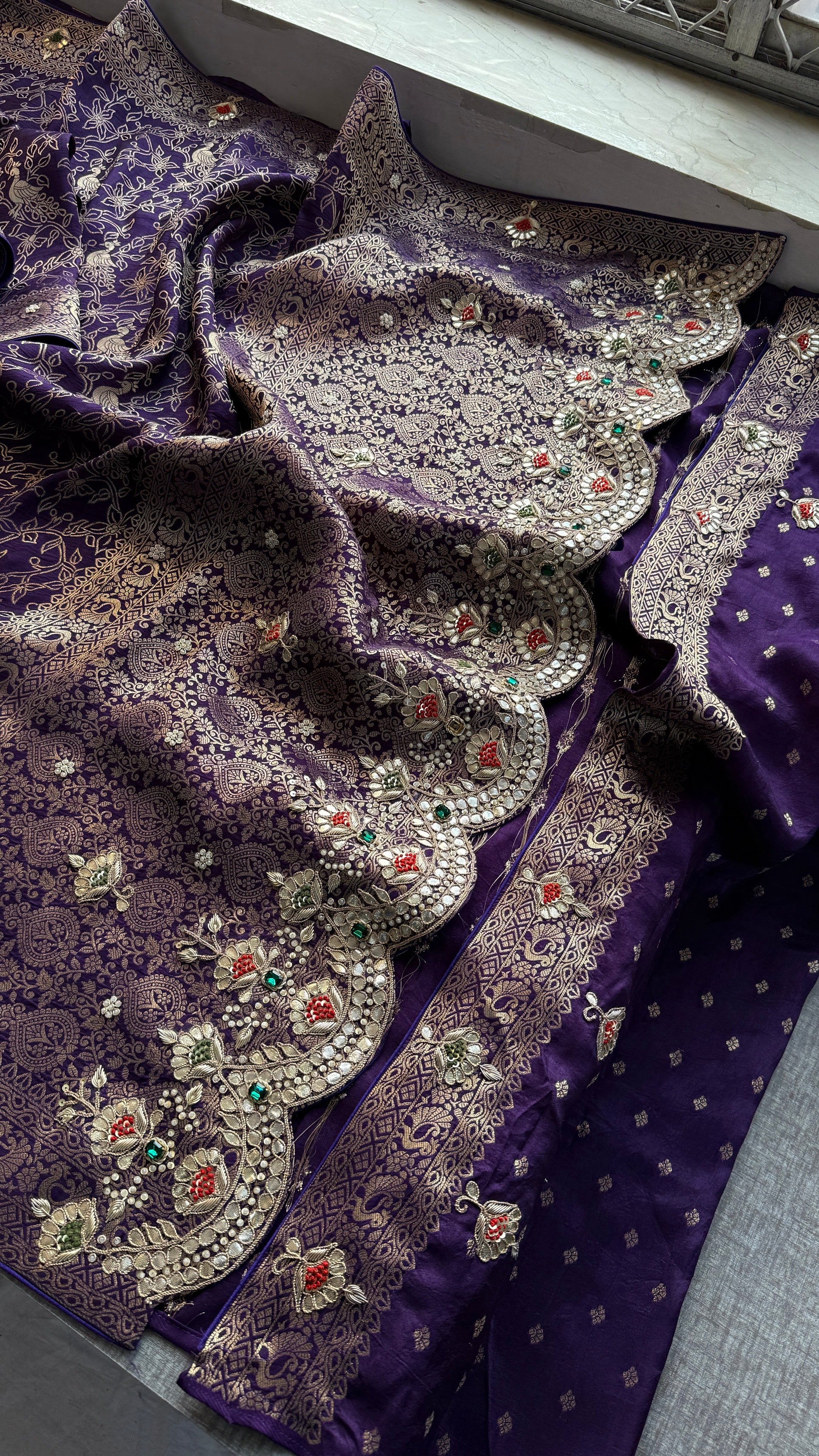 Luxury Munga Silk Banarasi Saree with Zardozi Gota Patti Pearl Sequin & Stone Handwork