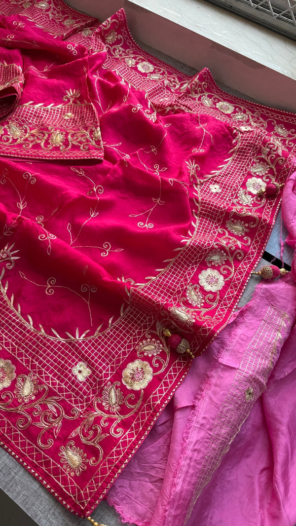 Soft Munga Silk Wedding Wear Saree with Intricate Hand Embroidery & Statement Blouse