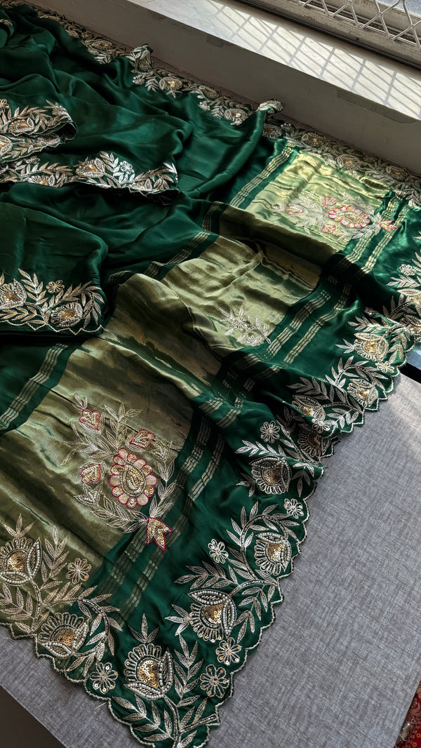 Designer Green Pure Gajji Silk Saree with Aari, Cutdana, and Gota Patti Handwork with Blouse