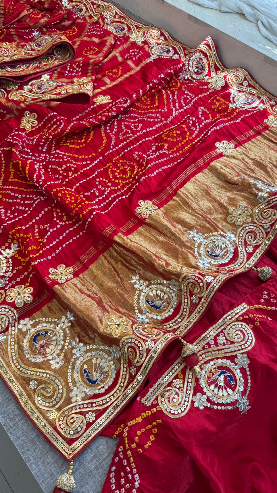 Pure Gajji Silk Lakdi Patta Bandhani Saree with Gota Patti, Zardozi & Peacock Handwork