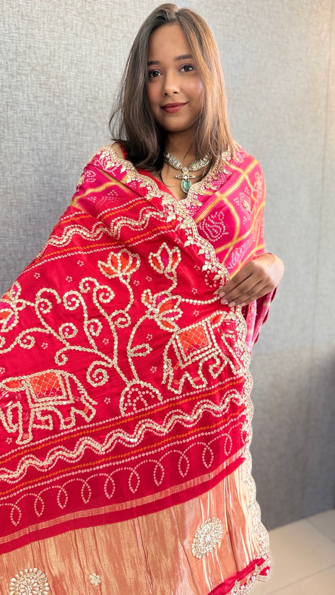Pure Gajji Silk Lakdi Patta Bandhani Saree with Gotapatti, Pearl Sequins & Scallop Border