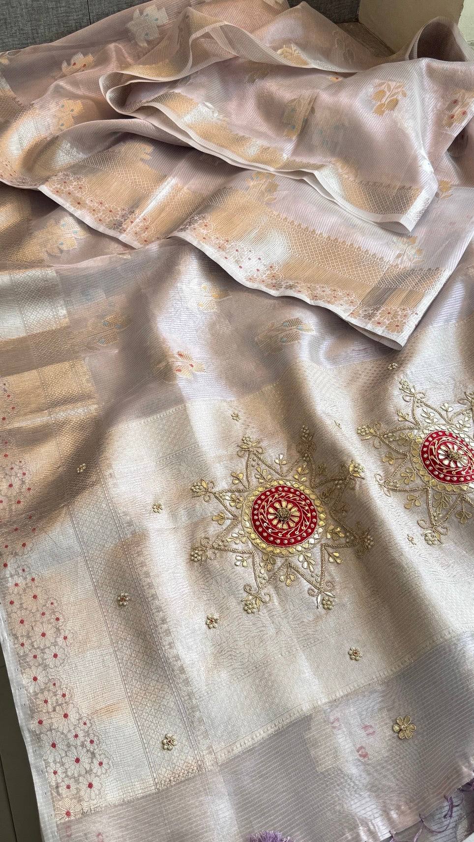 Pure Soft Tissue Silk Banarasi Weaving Saree with Heavy Zardozi & Gotapatti Work