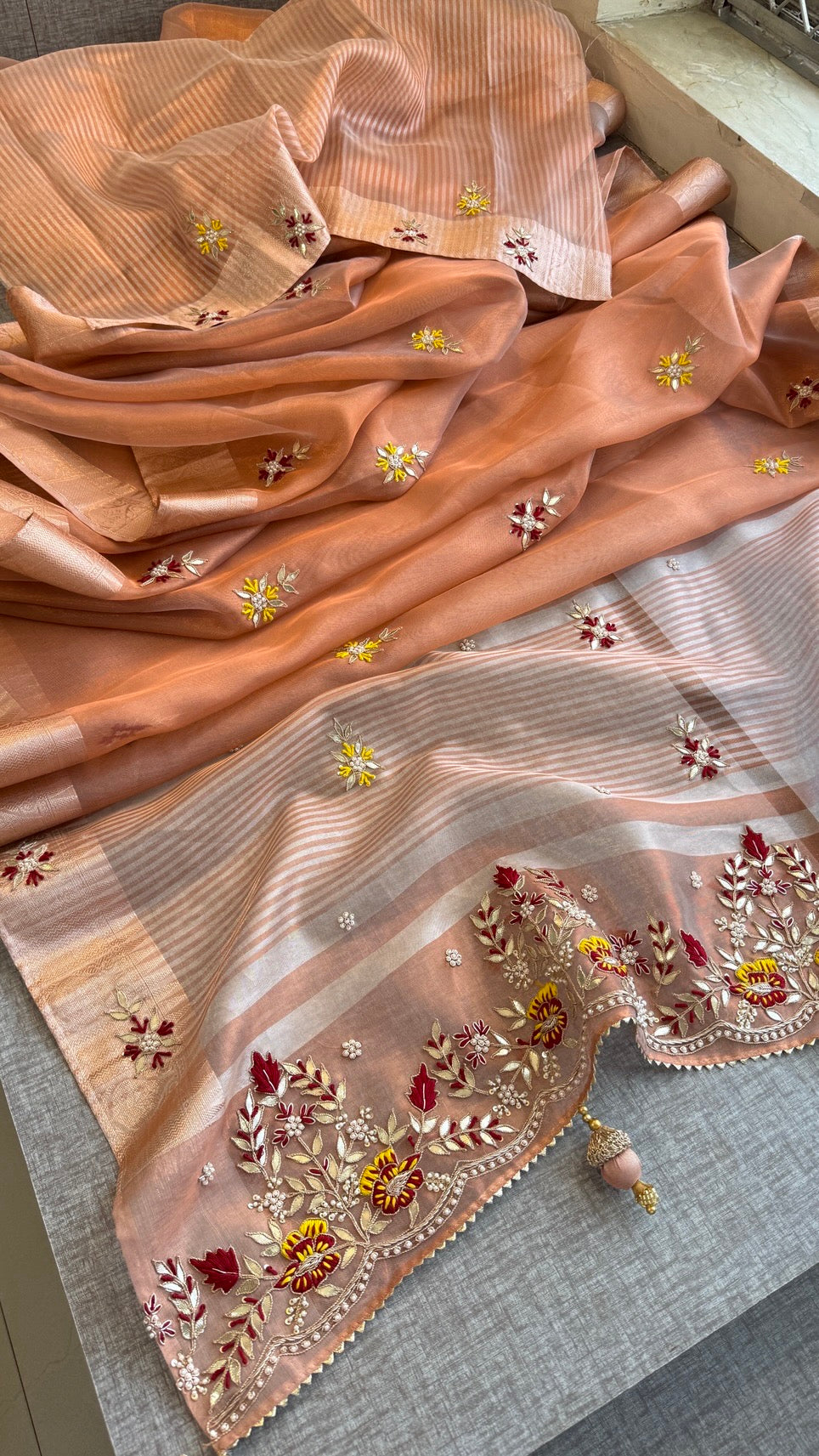 Tissue Silk Banarasi Saree with Gotapatti, Zardozi & Pearl Handwork – Heavy Designer Pallu