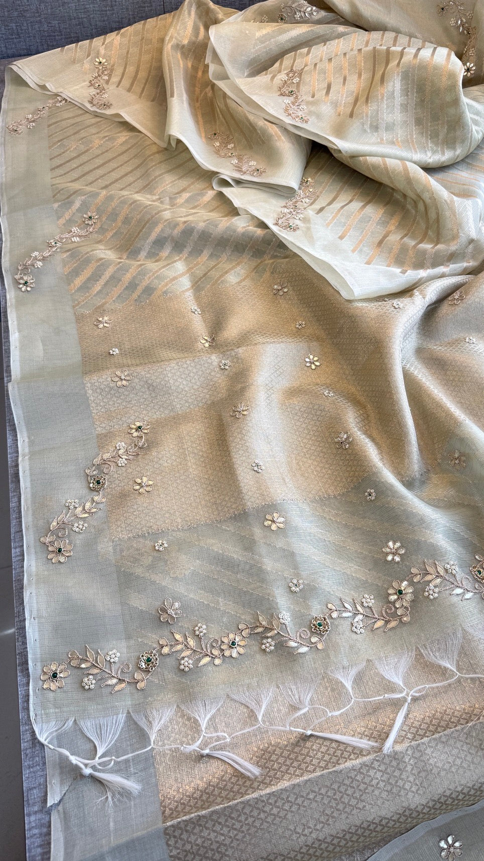 Pure Tissue Silk Zari Weaving Saree with Handcrafted Gota Patti & Moti Work | Soft Leheriya Tissue Silk Saree