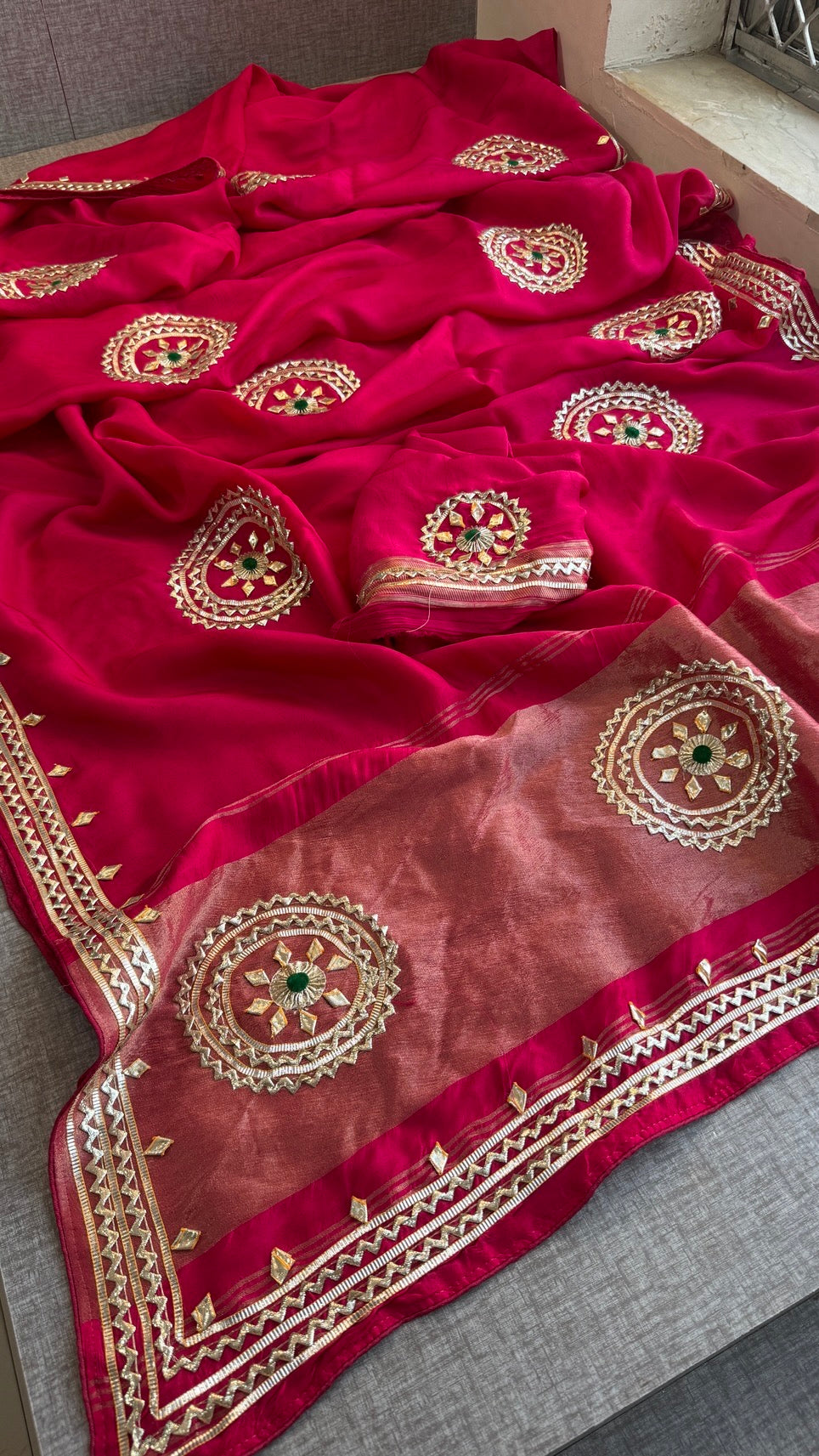 Sunshine Pure Munga Silk Rajwadi Pattern Rajasthani Jaipuri Saree with Sikhiya Gota Patti Work