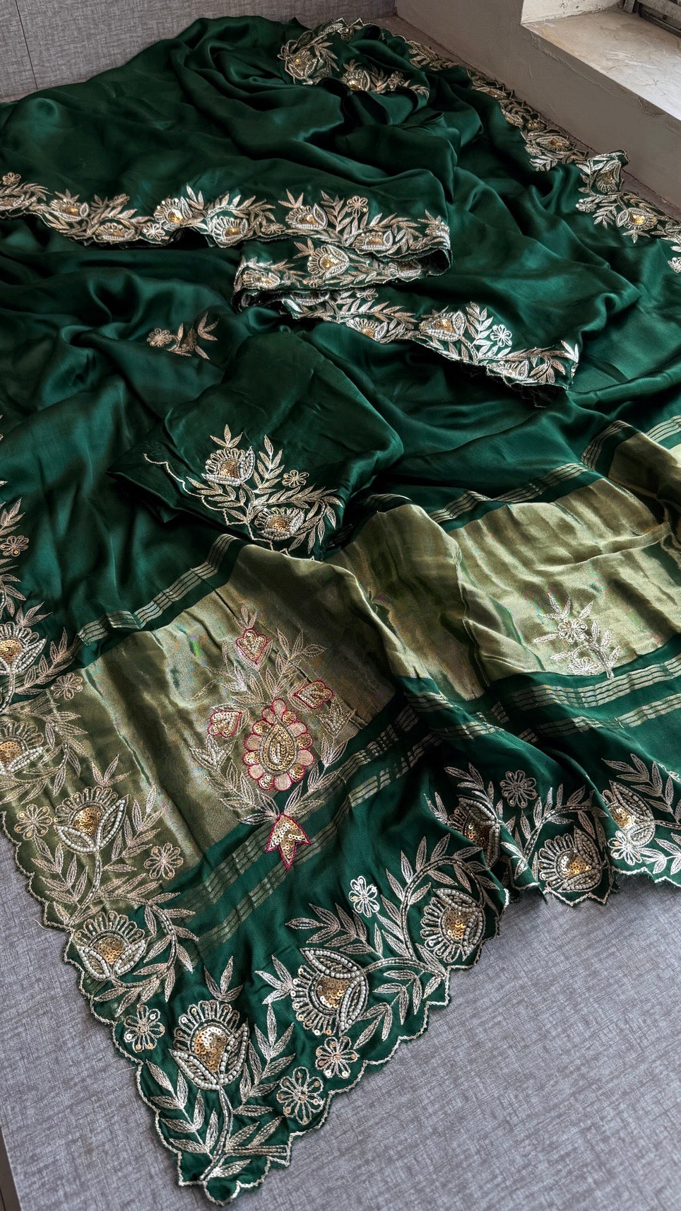 Soft Gajji Silk Lakdi Patta Banarasi Saree with Zardozi, Kasab, Pearl & Sequins Work