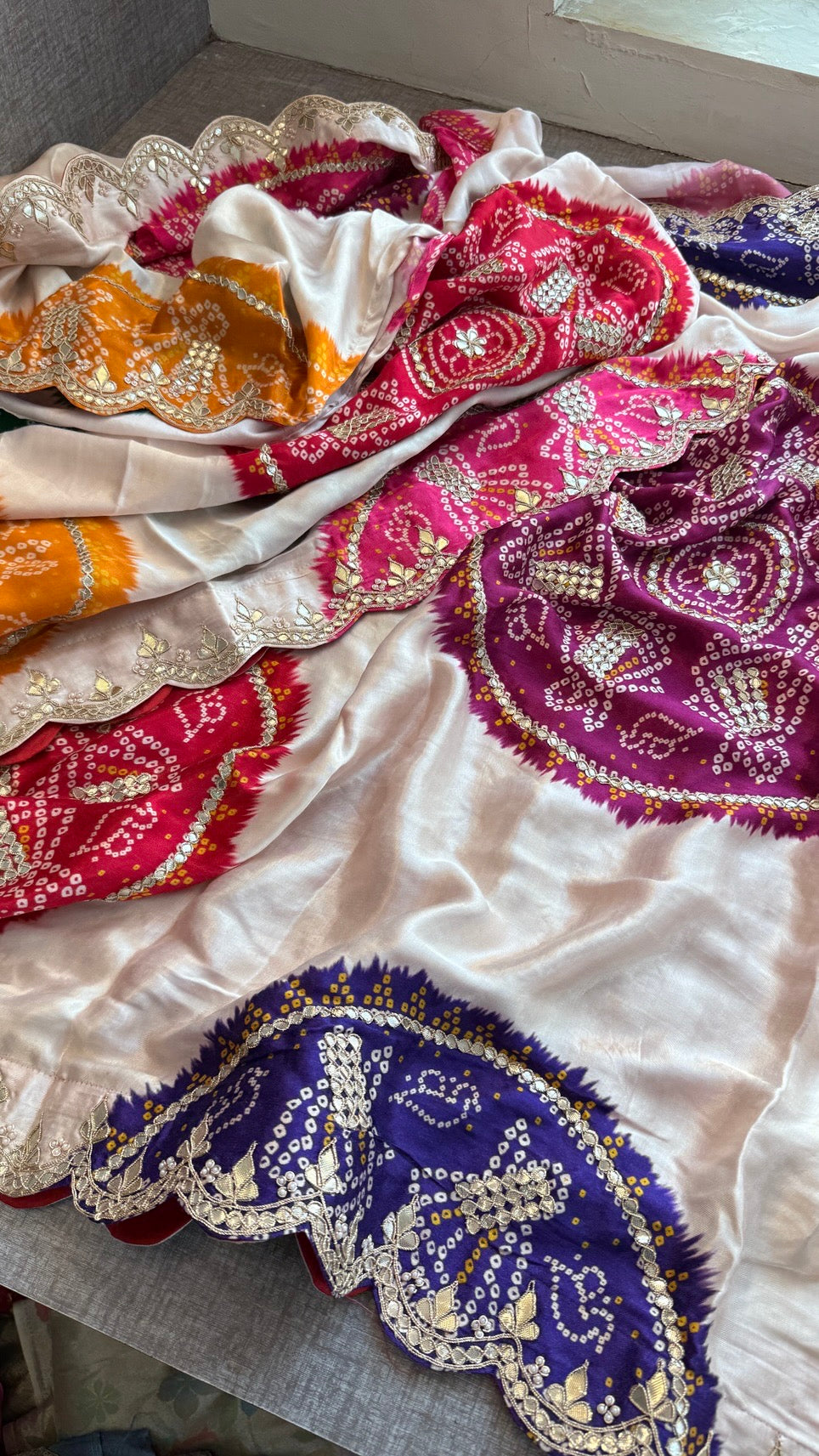 Elegant Gajji Silk Saree with Bandhani Prints & Handcrafted Embellishments