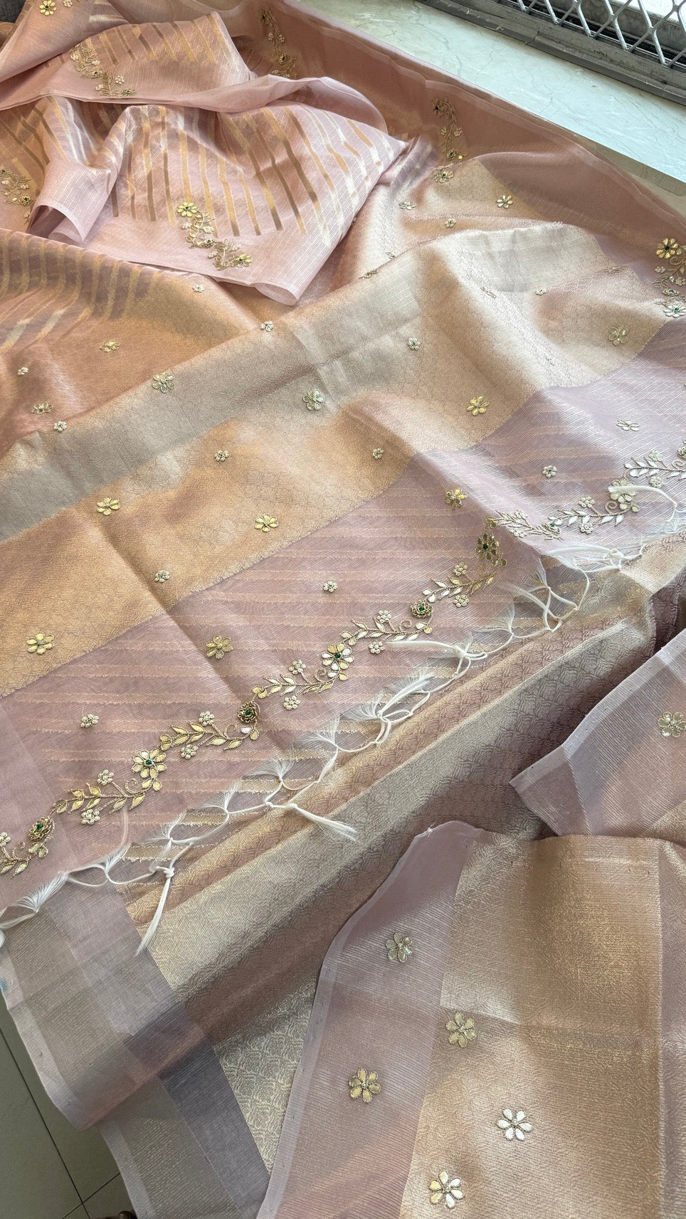 Pure Tissue Silk Zari Weaving Saree with Handcrafted Gota Patti & Moti Work | Soft Leheriya Tissue Silk Saree