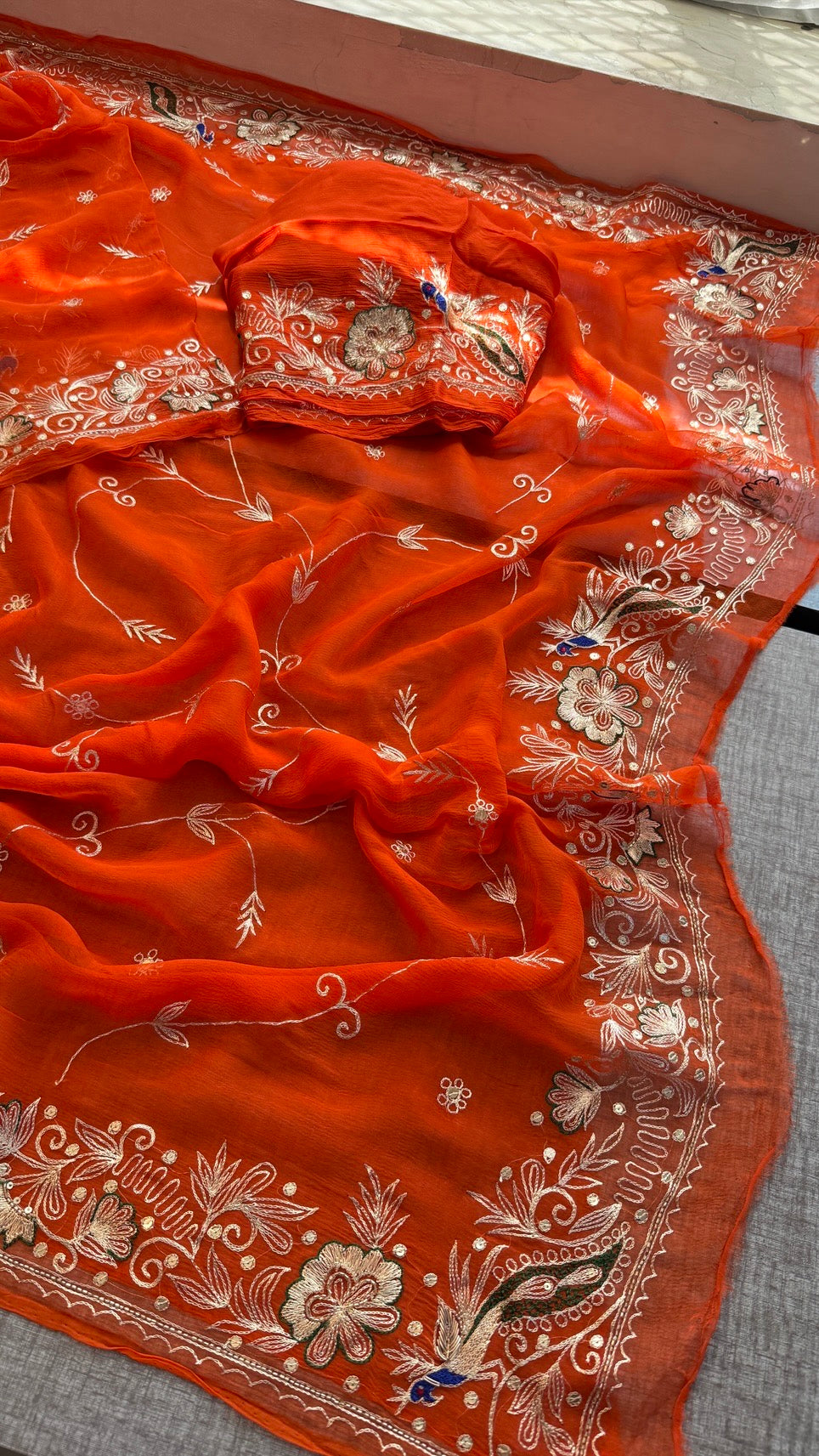 Handcrafted Chiffon Saree with Aari Pittan Peacock Work