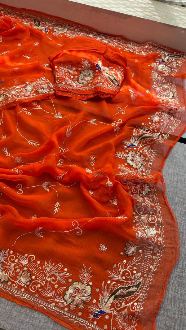 Handcrafted Chiffon Saree with Aari Pittan Peacock Work