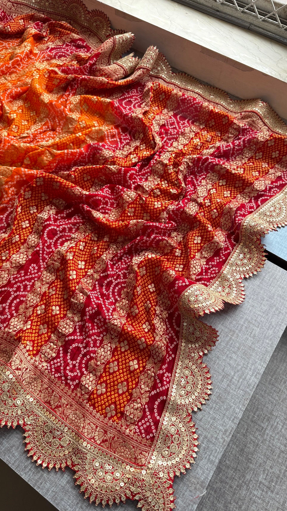 Handloom Khaddi Georgette Bandhej Dupatta with Banarasi Weaving and Scallop Border