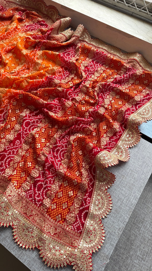 Handloom Khaddi Georgette Bandhej Dupatta with Banarasi Weaving and Scallop Border