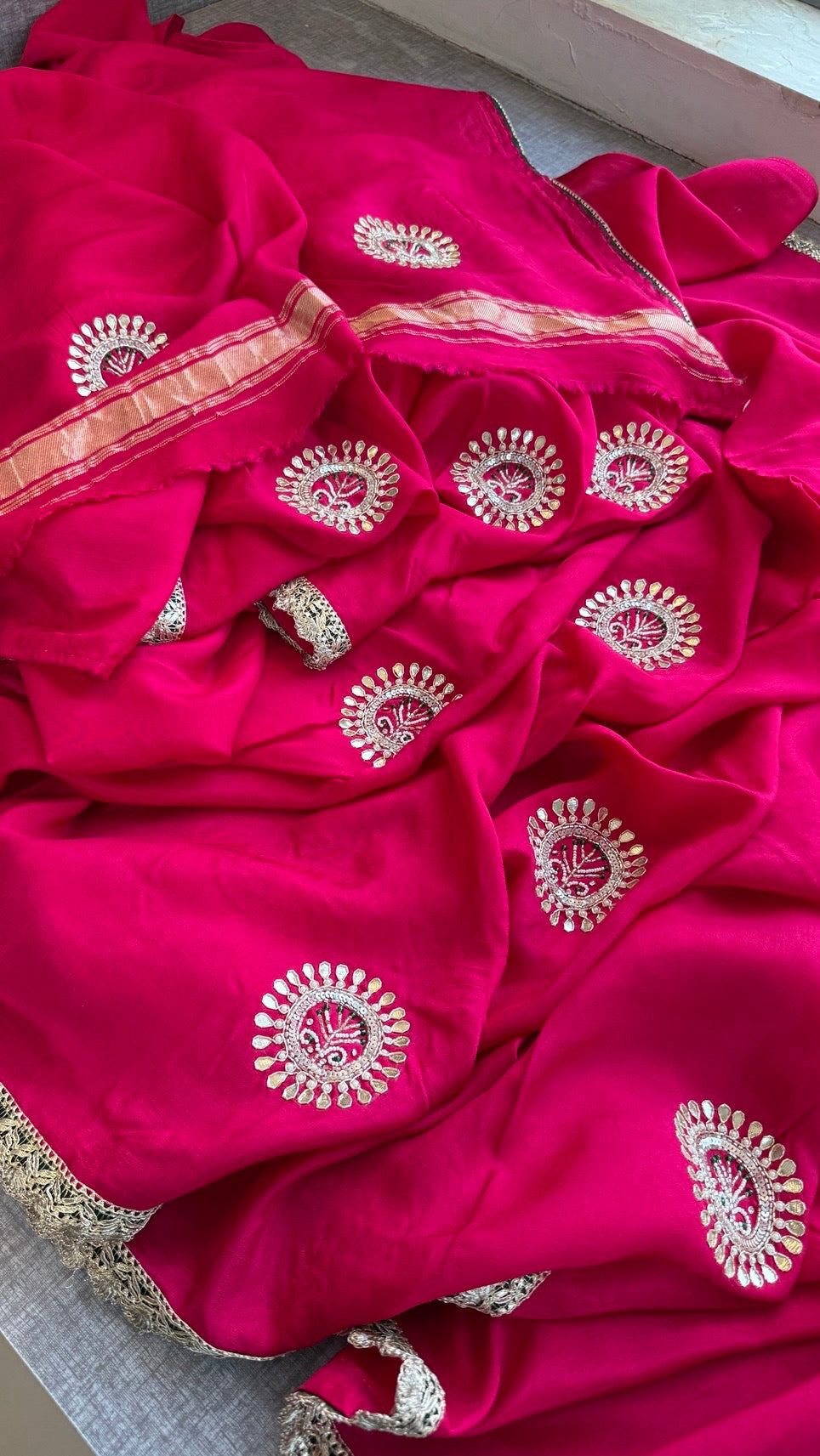 Pure Munga Silk Lakdi Patta Banarasi Saree with Gotapatti, Zardozi & Pearl Work