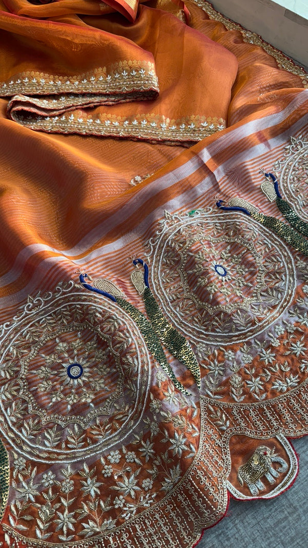 Tissue silk Saree with peacock handwork