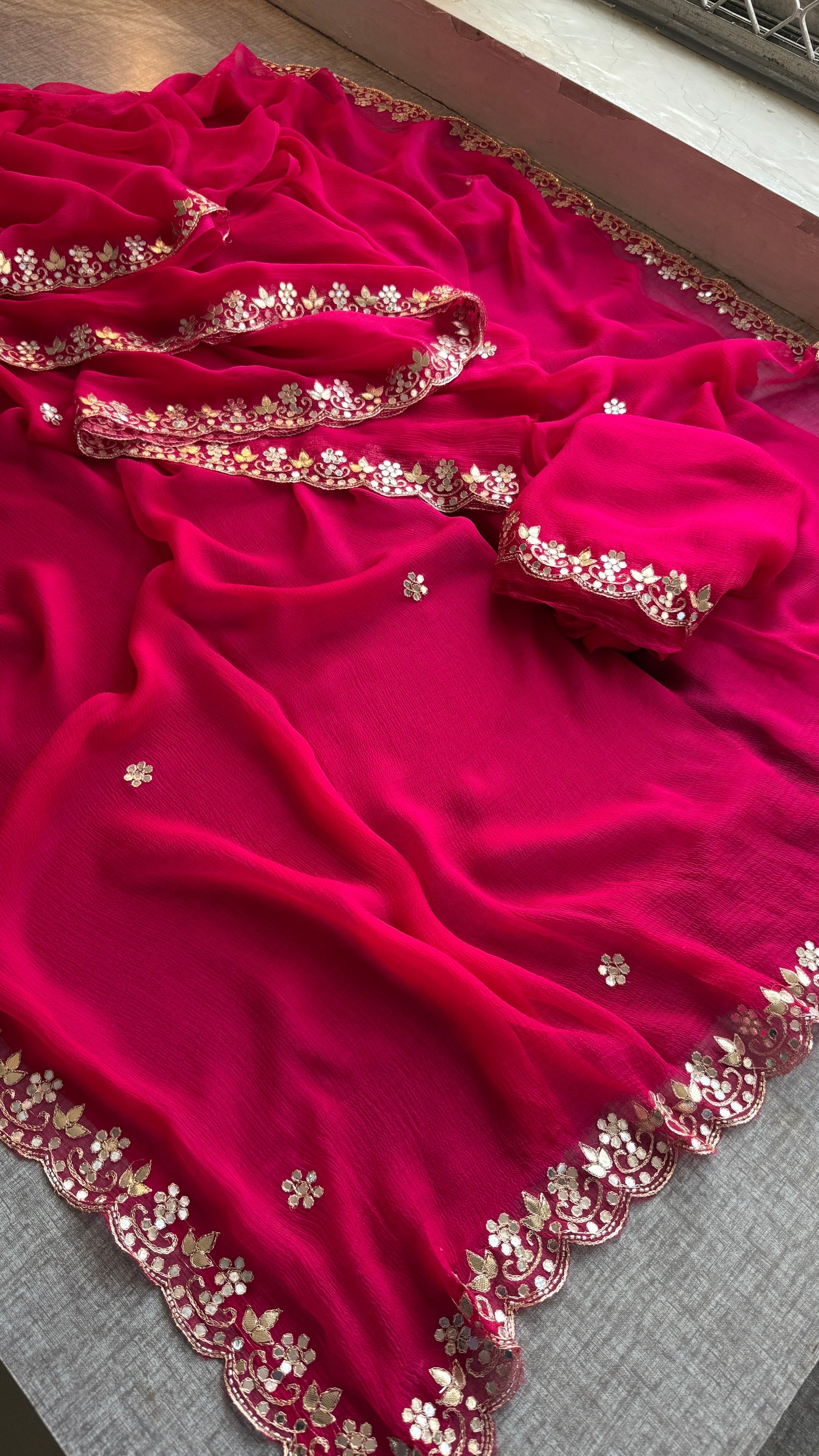 Soft Chiffon Saree Adorned with Elegant Kasab & Gota Patti Handwork