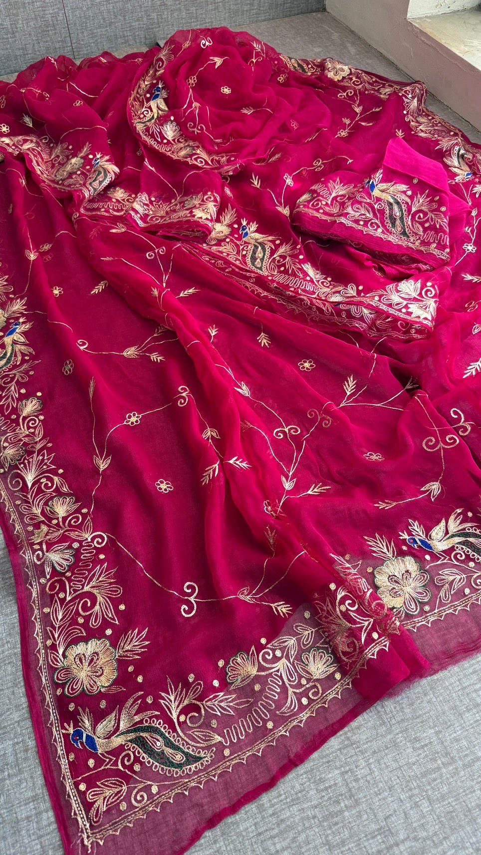 Handcrafted Chiffon Saree with Aari Pittan Peacock Work