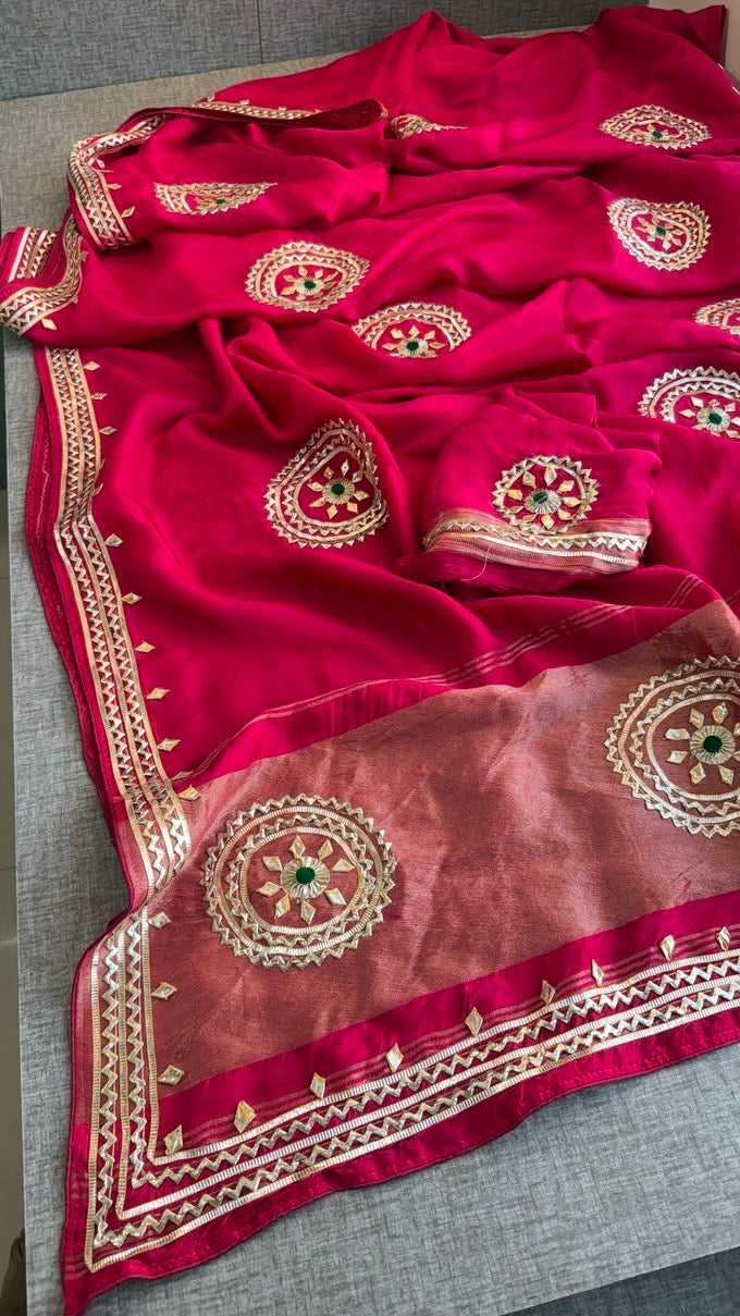 Sunshine Pure Munga Silk Rajwadi Pattern Rajasthani Jaipuri Saree with Sikhiya Gota Patti Work